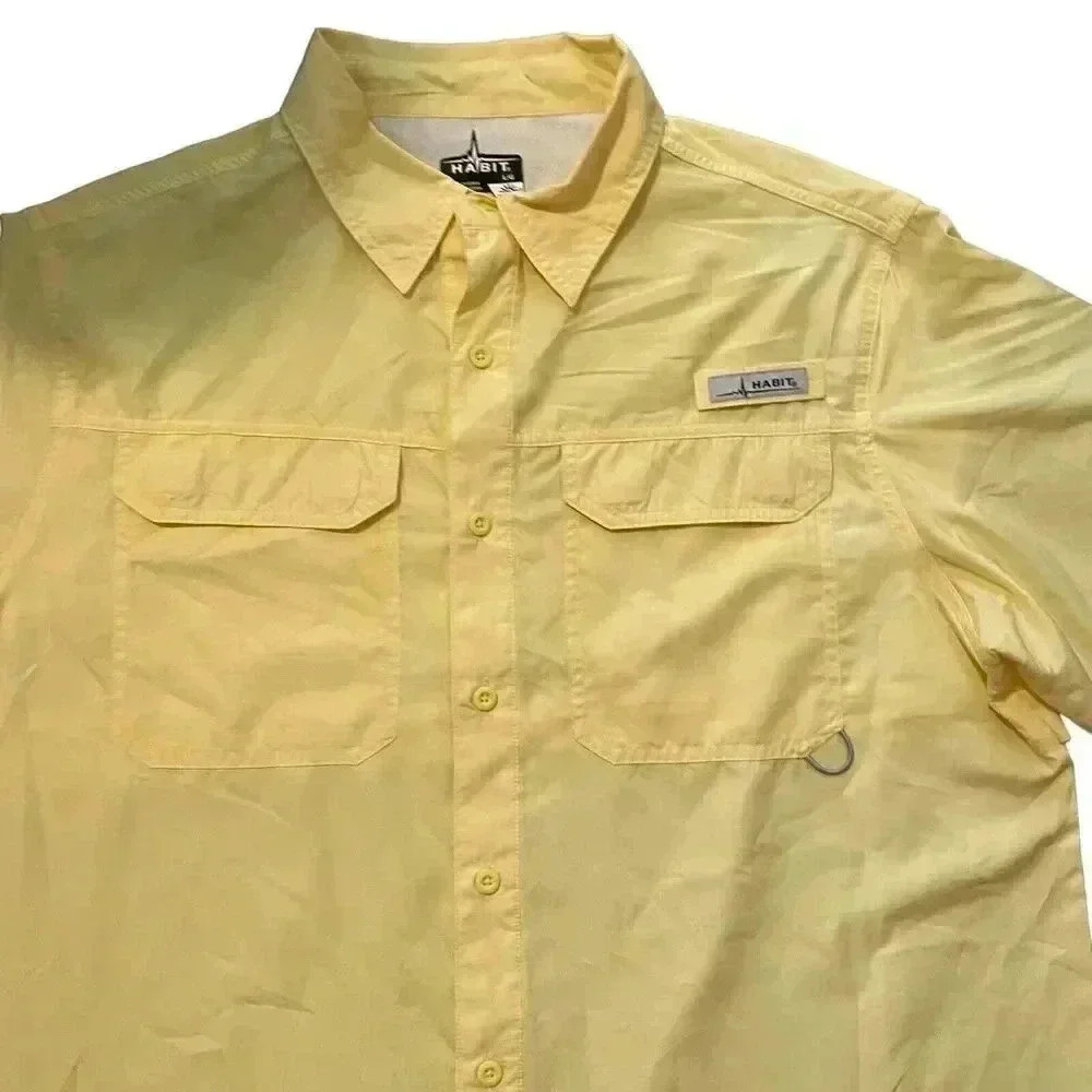Habit Fishing Shirt Men Size Large Yellow UPF Button Short Sleeve Vented Outdoor
